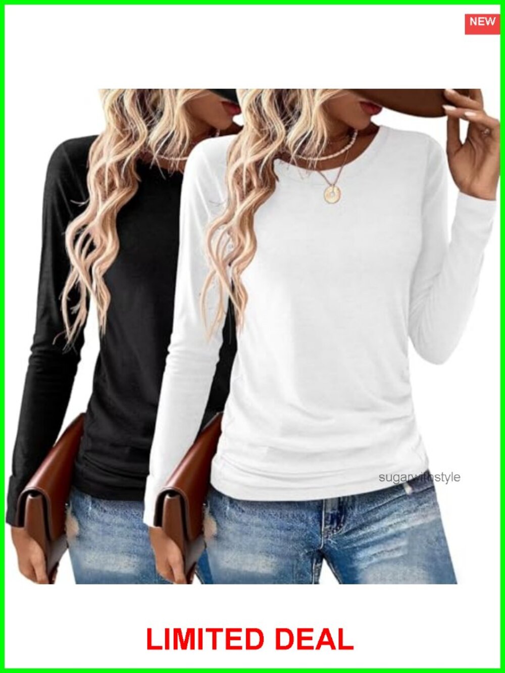 2 Pack Womens Long Sleeve Crewneck Tops Relaxed Fit Casual T-Shirts